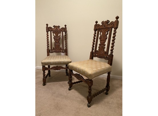 Pair Of Vintage Renaissance High Back Side Chairs With A Silk Dupioni Upholstered Seat