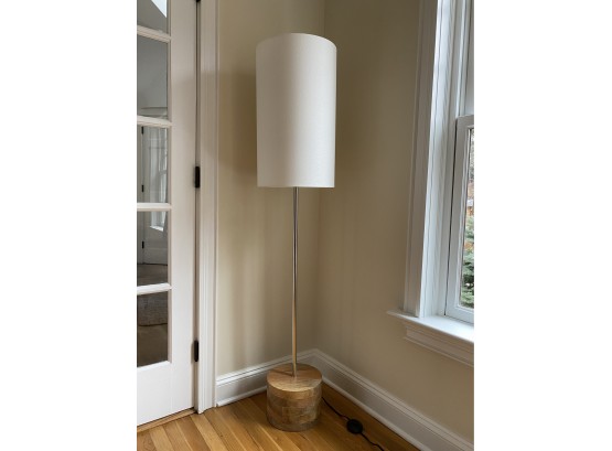 Standing Floor Lamp With Wood Block Base And White Linen Drum Shade