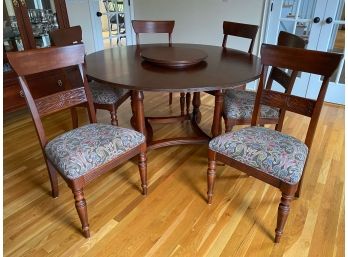 Ethan Allen British Classics Round Trestle Base Table And 6 Chairs With Embroidered Tapestry Upholstered Seat