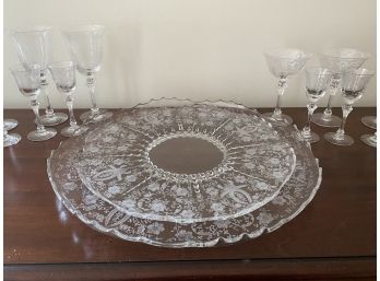Set Of Vintage Etched Glassware And Serving Pieces