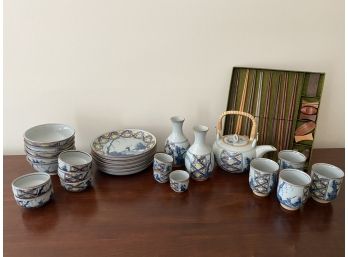 Japanese Ceramic Tea Set And Serving Pieces With Wooden Bamboo Chopsticks And Accessories