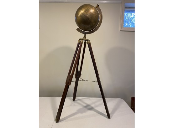 Vintage Brass World Globe With A Wooden Tripod Stand