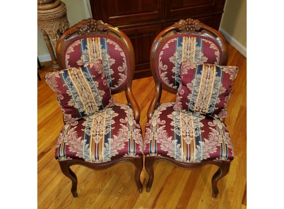 Pair Of Queen Anne Inspired Upholstered Occasional Chairs And Coordinating Accent Pillows