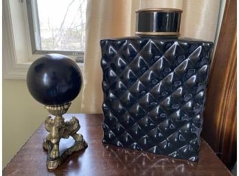 Vintage Inspired Black Textured Ceramic Decanter And Decorative Orb And Stand