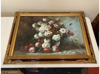 Framed Canvas Painting Of Peonies With Ornate Gold Gilt Frame