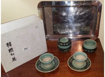 Asian Inspired Ceramic Ware And Metal Serving Tray