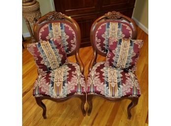 Pair Of Queen Anne Inspired Upholstered Occasional Chairs And Coordinating Accent Pillows