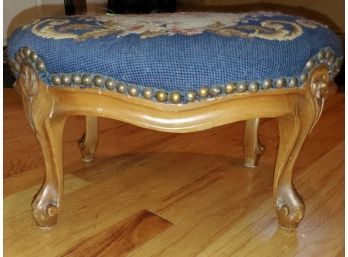 Antique Inspired Needlepoint Embroidered Footstool With Brass Nailheads