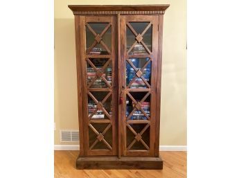 Gorgeous Vintage Reproduction Glass Door Display Cabinet With Dental Molding And Iron Ring Pulls