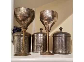 Antique Inspired Tin Kitchen Canisters And Wine Goblets