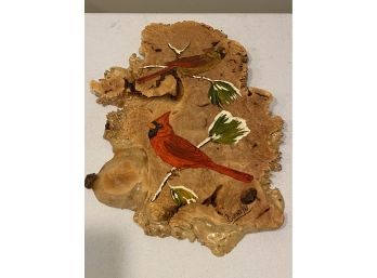 Vintage Hand Painted Birds On A Shellacked Wooden Wall Hanging
