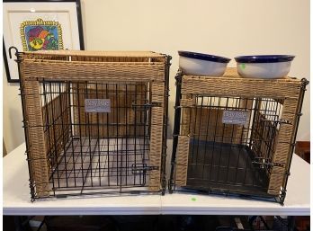 Pair Of Metal Dog Crates With Rattan Accent And Ceramic Dog Bowls