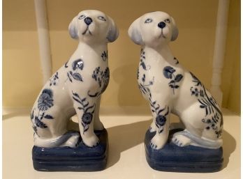 8' Hand Painted Blue And White Porcelain Sitting Dog Bookends