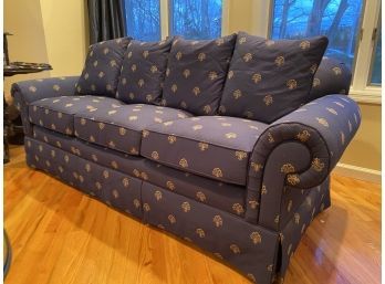 Navy And Gold Jacquard Fabric Upholstered Roll Arm Sofa
