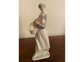 LLADRO Figurine Woman With Cockerel Rooster & Basket Retired