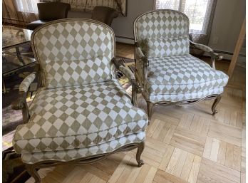 ETHAN ALLEN Harlequin/Diamond Fabric  Bergere  Chairs Pair USA Made
