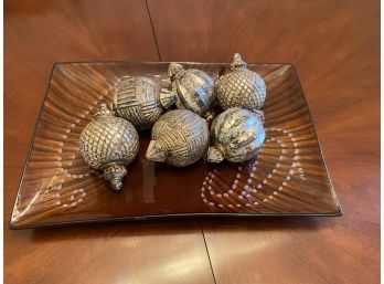 Decorative Glass Rectangle Centerpiece With Holiday Ornaments