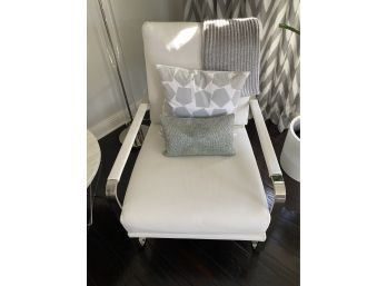 Designer WhiteLeather White Arm Chair With 2 Decorative Pillows And Throw