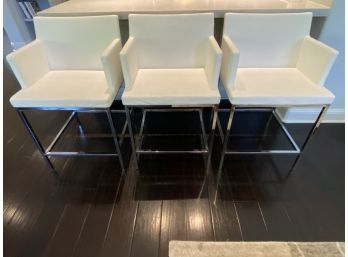 3 Modern Eggshell Leather Barstools With Chrome Legs