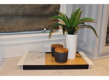 L & G Marble And Wood Serving Tray Set With Faux Bird Of Paradise Plant And Two Canisters