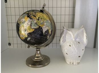 Globe And Decorative White Ceramic Owl