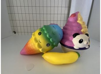 Set Of 3 Squishy Colorful Ice Cream Cone, Cupcake And Banana