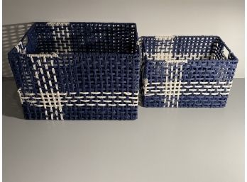2 Blue White Storage Bins -  Metal With Straw Lining