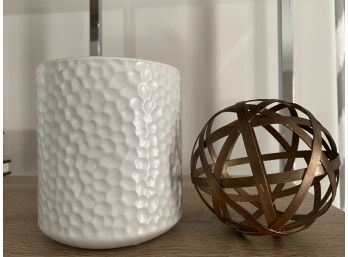 Set Of White Textured Ceramic Candle Holder And Round Decorative Copper Ball