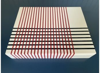 Red White Blue Stripe Lacquered Geometric Pattern Wooden Jewelry Box