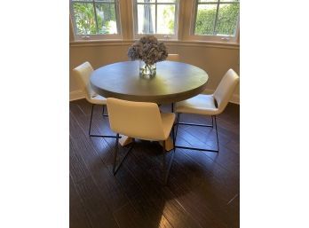 Pottery Barn Concrete Round Table With Wood Legs & 4 Eggshell Leatherette Chairs
