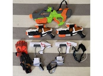 Lot With 3 Water Guns, 2 Laser X Guns, Laser Goggles, 2 Kids Soccer Goalie Gloves