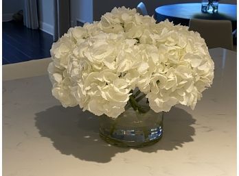 Bright White Faux Hydrangea Floral Arrangement In Glass Vase