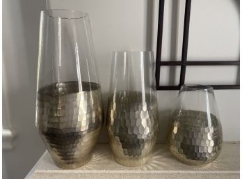 Set Of 3 Silver Metallic Painted Glass Vases