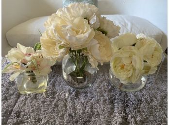 Set Of 3 Glass Vases With Faux Peonies And Orchids