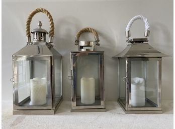 3 Glass Hurricanes With Candles And Rope Handles