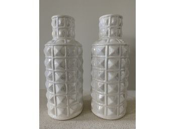 2 Matching Tall Ceramic White Metallic Geometric Vases