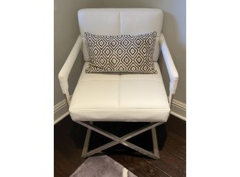 Chic White Quilted Leatherette Arm Chair With Chrome Legs And Decorative Pillow