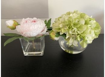 2 Beautiful Faux Flowers In Glass Vases