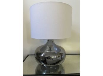 Contemporary Grey Stained Glass Table Lamp With White Linen Shade