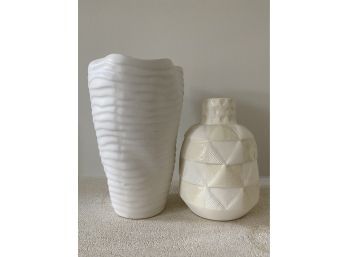 2 White Modern Ceramic Geometric Textured Vases