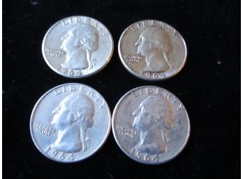 4 Coins, 1964 P U.S. Washington Silver Quarters