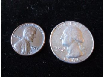 1964 D U. S. Washington Silver Quarter, 1966 P Lincoln Penny
