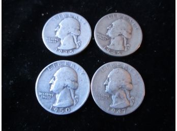 4 Coins, 2 1945 P, 1947 D, 1950 P U.S. Washington Silver Quarters
