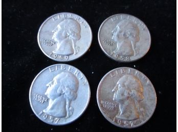 4 Coins, 2 1957 P & D, 1958D, 1959 D U.S. Washington Silver Quarters