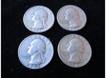 4 Coins, 2 1951 P, 1952 P, 1953 P, 1955 P U.S. Washington Silver Quarters