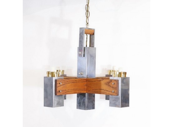 Early Sonneman-attributed Chrome And Wood Chandelier