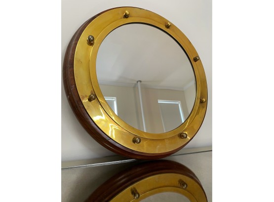 Heavy Brass And Wood Porthole-Style Mirror