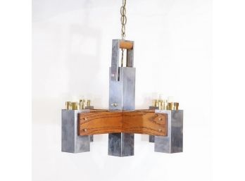 Early Sonneman-attributed Chrome And Wood Chandelier