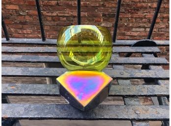 Geometric Hand-blown Glass Vase In Yellow Transparent With Oil Slick Base