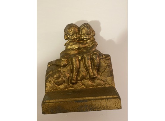 Adorable Metal Sculpture Of Two Children Sitting On A Rock Wall, Stamped!